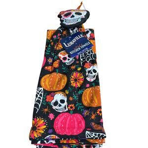 Lunaville Halloween Sugar Skull Black Kitchen Towels - Set of Two - NWT